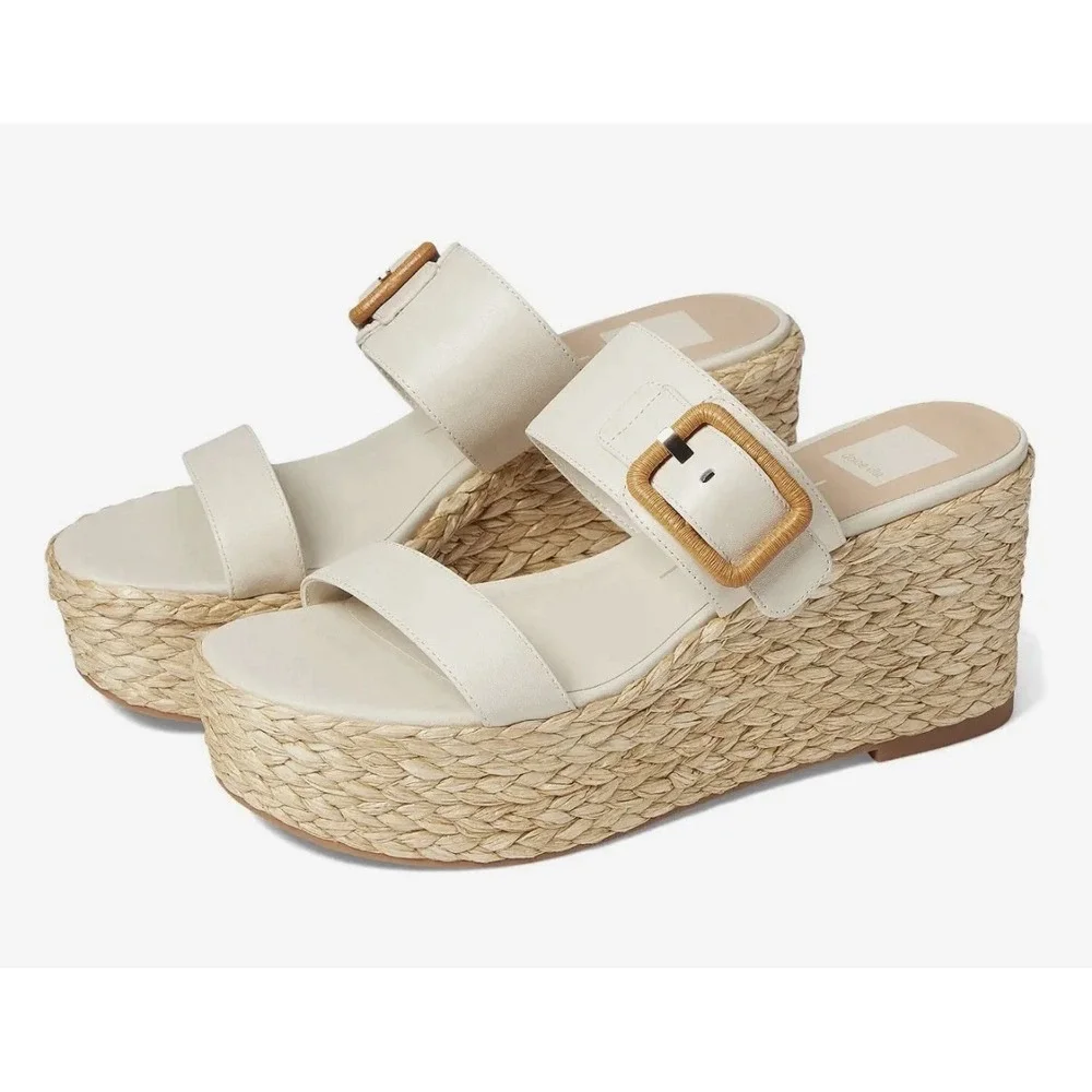 NIB $130 Dolce Vita 9.5 Thorin Ivory Leather Sandals Platform Wedge Slip On